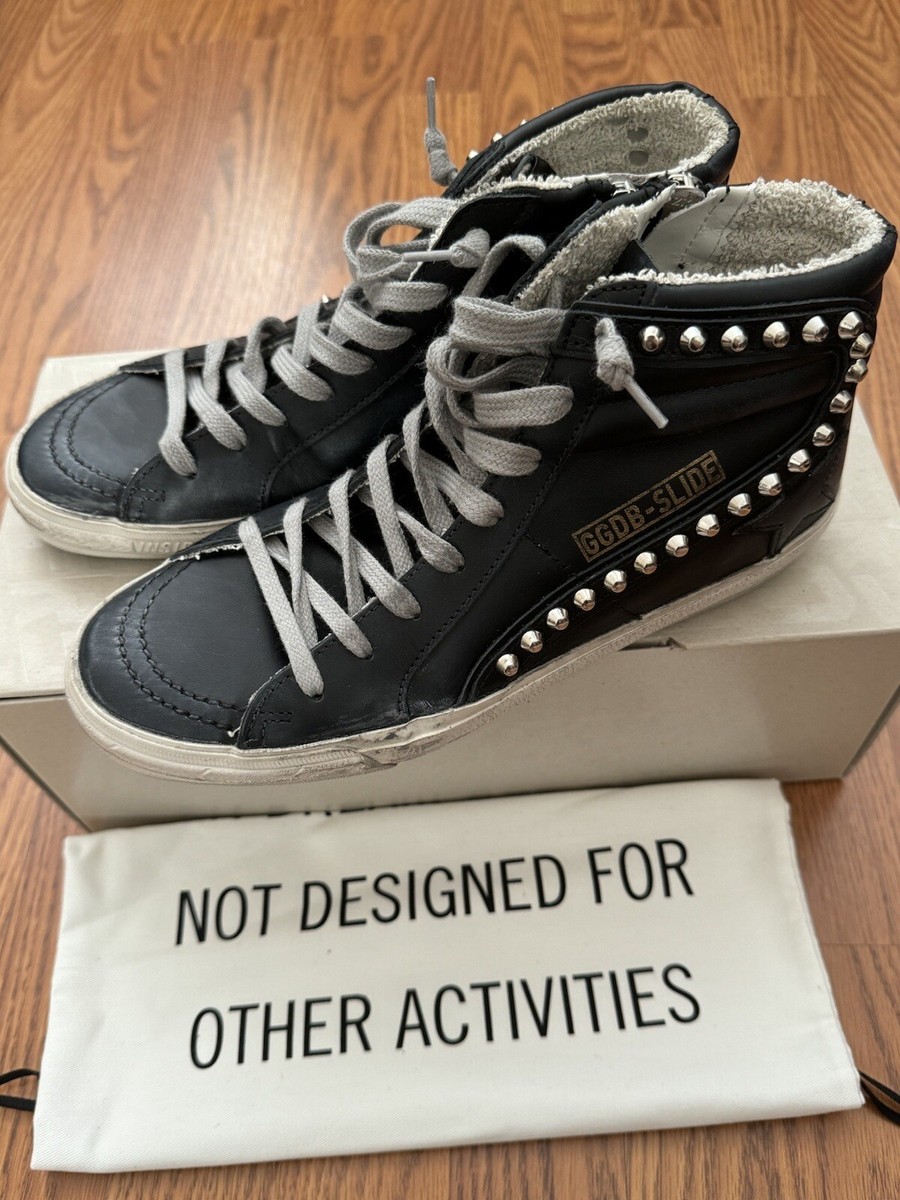 NEW in BOX Golden Goose 38 Slide Sneakers Leather Black Studs