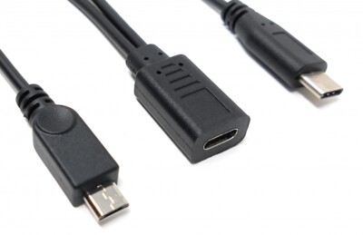 USB 3.1 Y Kabel 25 cm Typ C Buchse zu 2x 2.0 Micro B Stecker Adapter in Schwarz	