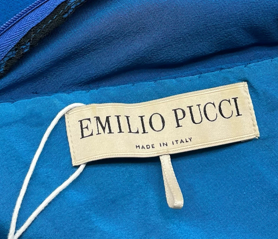 Emilio Pucci ALTERED Blue Lace-Insert Ruched Long Sleeve Sheath Dress sz 8 - Image 4 of 4