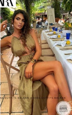 BNWT ZARA Olive Green Satin Dress with Cut-Out Detail Size L