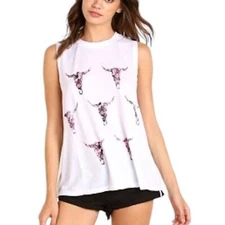 NEW Show Me Your Mumu Muscle Tank Bull Skull Bull Tribe White Pink Size XS Tee