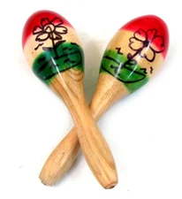 Pair of 6" Mexican Maracas Hand Painted Red White Green Fiesta Decor