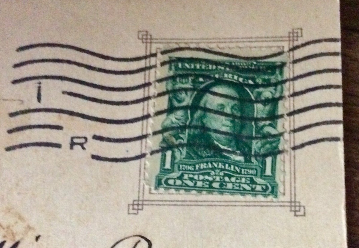 1907 Postcard with Green Off-Center Benjamin Franklin Stamp