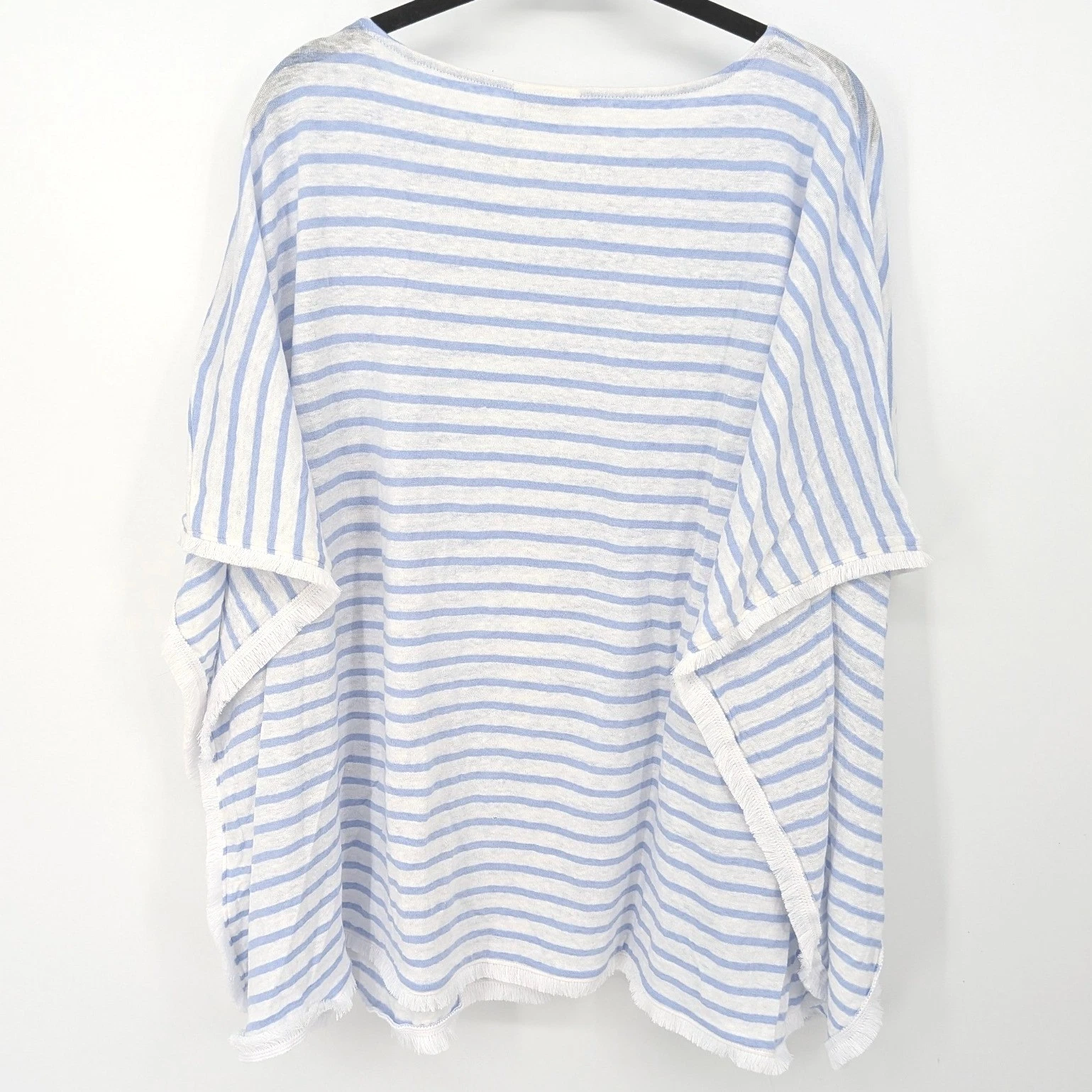J Jill Linen Poncho Top Women M/L Petite Blue Striped Fringe Coastal Coverup