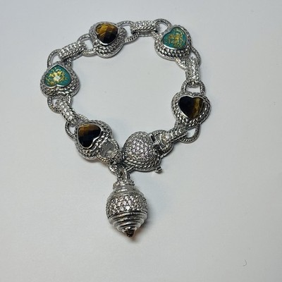 Judith Ripka Sterling Silver Tiger's Eye CZ Turquoise Doublet Bracelet 8'' -1.73