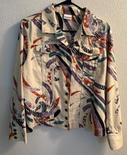 CHICO'S Multicolor Linen Blend Jacket Artsy Print Pockets Metal Buttons SZ 2