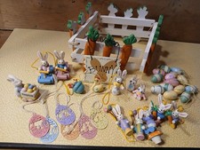 Lot of 33  Easter Items. Miniature Wood Ornaments~bunnies,eggs•wood Carrot Fence