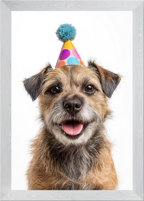 Border Terrier Hund mit Partyhut P gerahmtes Wandbild Poster Leinwanddruck Bild