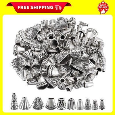 1 Box 100Pcs 10 Styles Cone Bead Caps Silver Bead End Caps with Hole Alloy Tibet