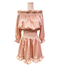 ASOS Rose Pink Gold Metallic Off Shoulder Smocked Waist Mini Dress Size 6