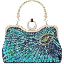 Beaded Bag Sequin Peacock Evening Clutch Purse for Women Formal Evening Blue