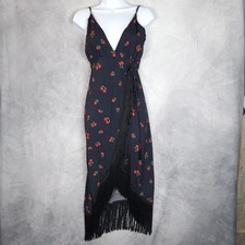 Farm Rio Dress Womens XS Black Cherry Print Wrap Fringe Hem Midi Sundress