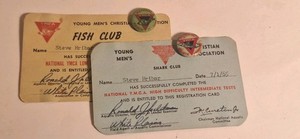 2 Vintage YMCA NATIONAL  AQUATIC PROGRAM Pinbacks & Cards - Shark & Fish Club