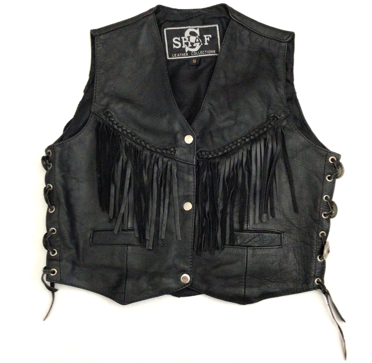 Vintage SHAF Black Leather Snap Button Front Biker Fringe Vest Sz Sm