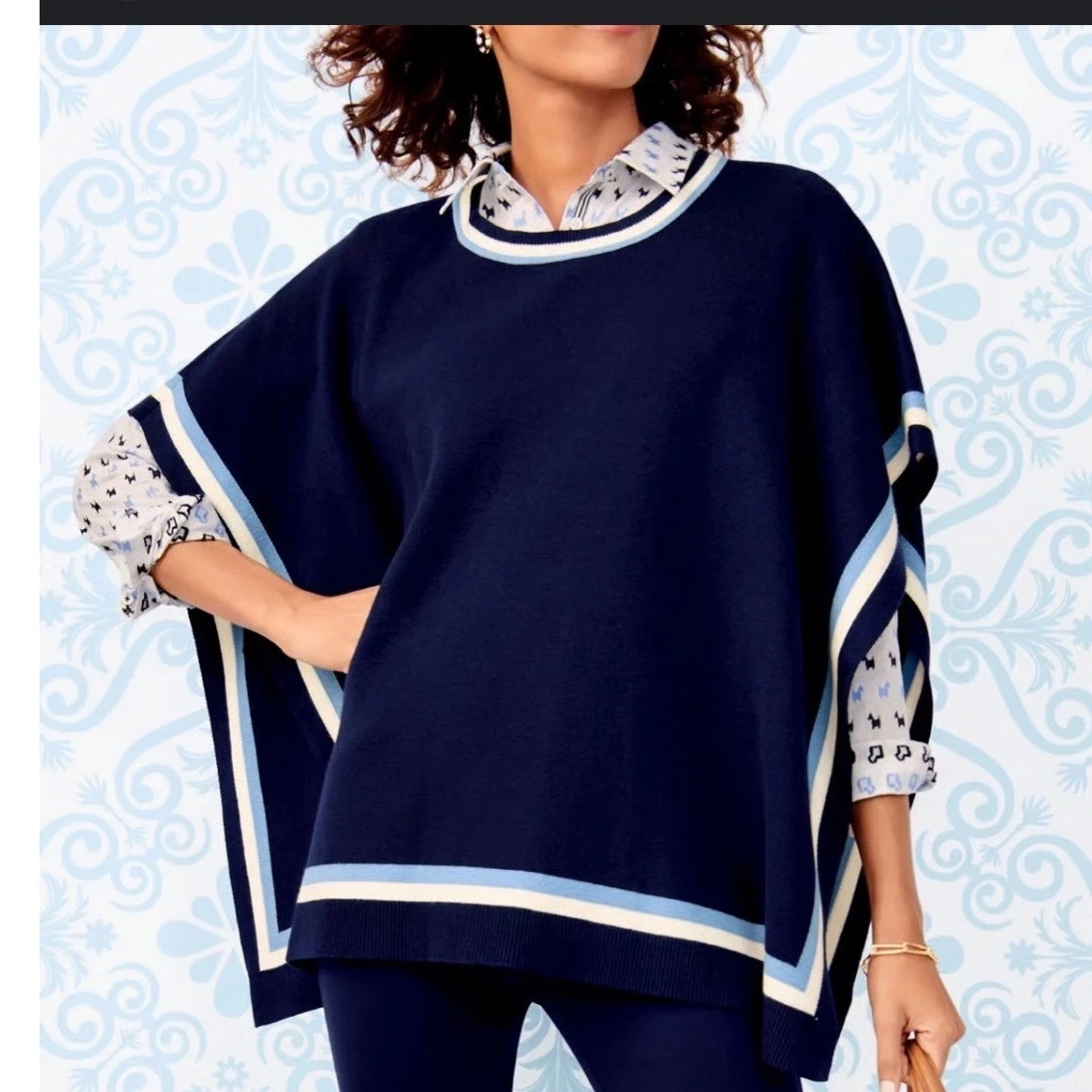 Talbots Knit Poncho Cape Sweater Short Sleeve Coastal Nautical Beachy XS/S Women