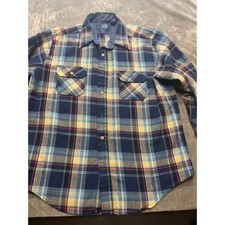 Vintage Sears Mens L Blue Plaid Flannel Shirt Long Sleeve Button Up 15-15 1/2