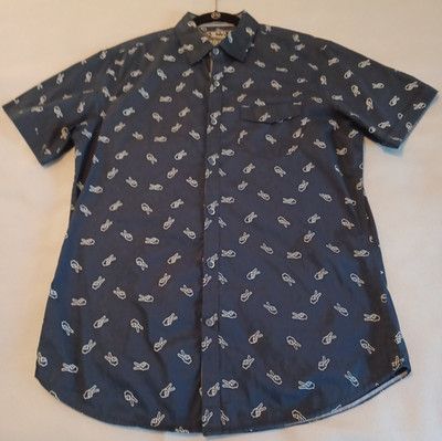 Broken Threads Mens Blue Short Sleeve Button Up Shirt Size Large Peace Sign...