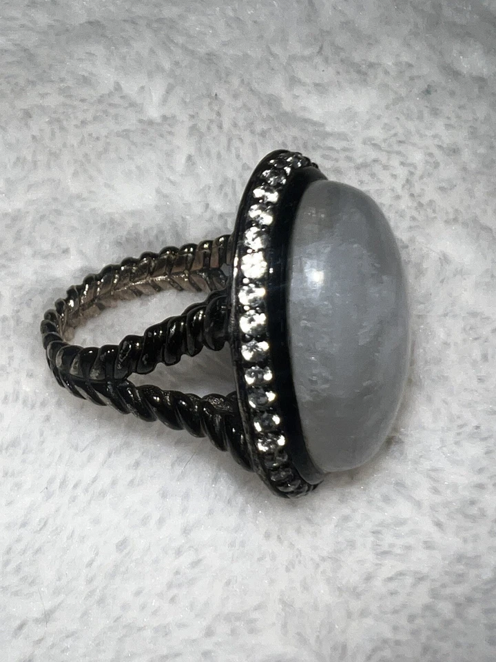 HSN Large Rainbow Moonstone White Zircon Sterling Silver Ring Sz 5 - Image 3 of 4