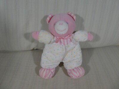 Vtg Eden Pink Bear 8'' Plush Baby Rattle Polka Dots Stripes Stuffed Toy HTF ﻿O1