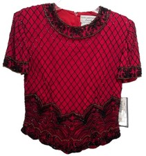 Vintage Adrianna Papell Red Beaded Silk Evening Top Short Slv Scoop Neck M-NWT