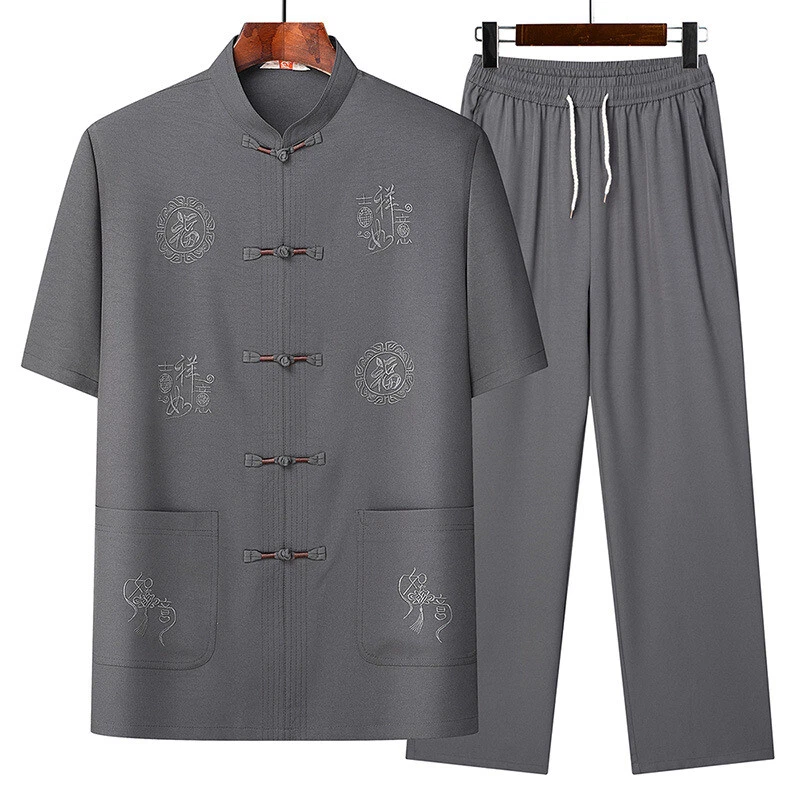 Men Cotton Linen Kungfu Sets Summer Chinese Short Sleeves Shirts and Pants M-3XL