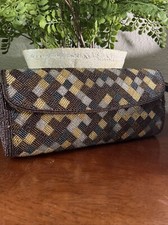 Vtg Inge Christopher Evening Purse Handbag Gold Brown Beaded Wristlet Clutch