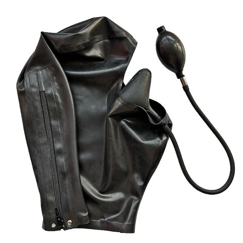 Latex Hood Open Face and Nose with Gag Back Zipper Rubber Club Mask - Image 2 of 4