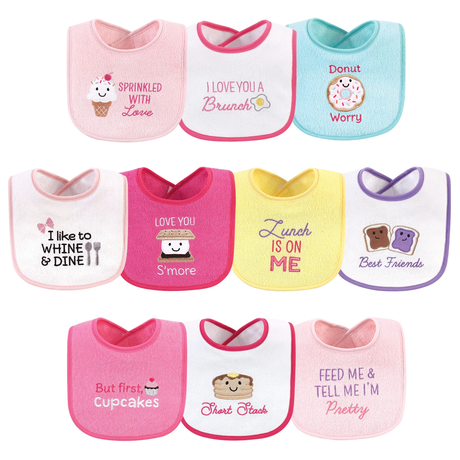 Hudson Baby Cotton Terry Drooler Bibs with Fiber Filling 10pk, Girl Ice Cream