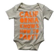 CALIFORNIA KNOWS HOW TO PARTY Unisex Organic Cotton Romper Baby Bodysuit; 3-6 Mo