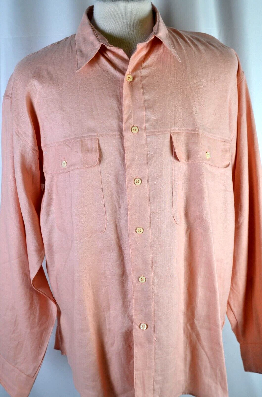 Basco Sportswear Men's Linen Shirt Size Large Peach Button Up Pockets Casual Fun