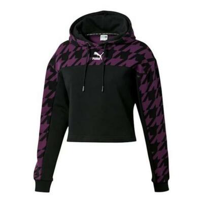 PUMA Women's Cropped Trend AOP Graphic Pullover Hoodie Plum Purple Small NWT