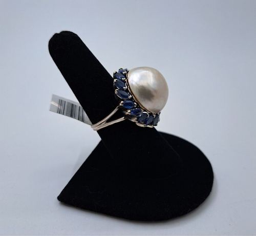 Mabe Pearl & Blue Sapphire Ring 18KWG - Picture 3 of 6