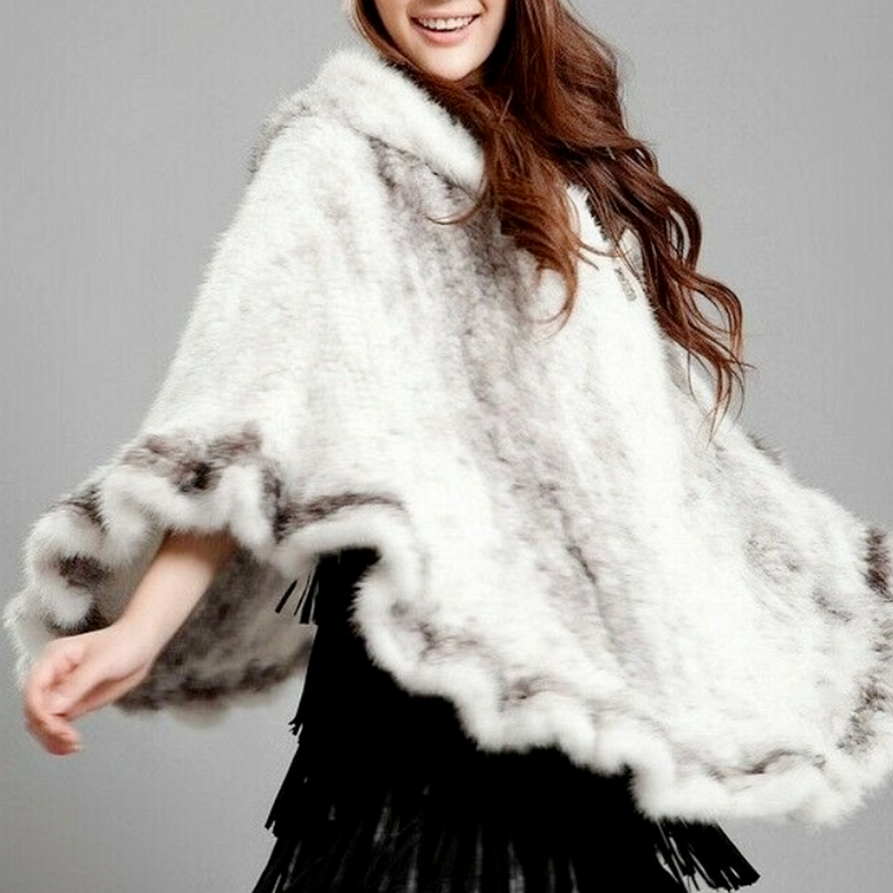 100% Real Knitted Mink Fur Shawl Wraps Cape Hoody Poncho Ladies
