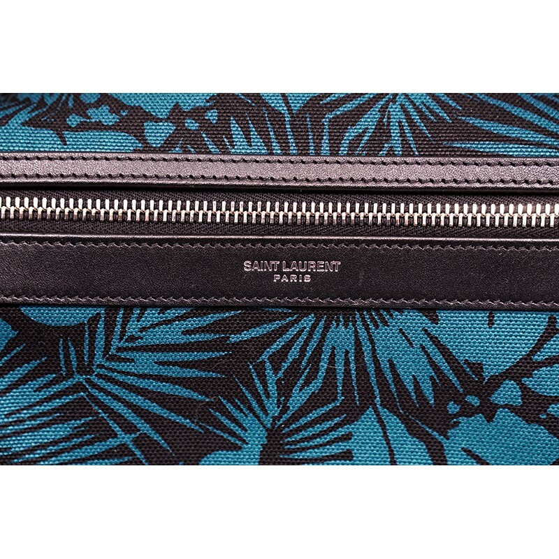 NUOVO $1150 SAINT LAURENT turchese palma tropicale floreale tela ZAINO CITTÀ borsa