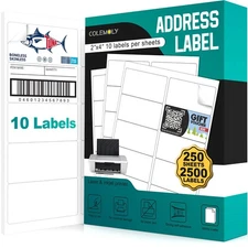 2x4 Labels Sticker Paper - 2500 Address Labels (250 Sheets) for Laser/Inkjet ...