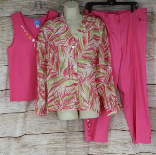 Women's 3PC Set Size 14 Pink Cropped Pants Tank Top Blouse Floral Casual Outfit