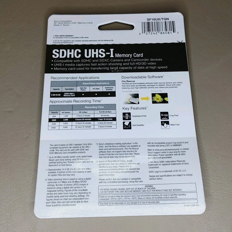 Sony 16GB SDHC/UHS-I Memory Card Used For DSLR Cameras & HD Camcorders (READ) - Image 2 of 4
