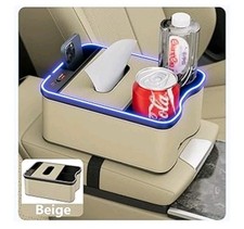 Car Armrest Storage Box Back Seat Organizer,7 color changing led car Beige