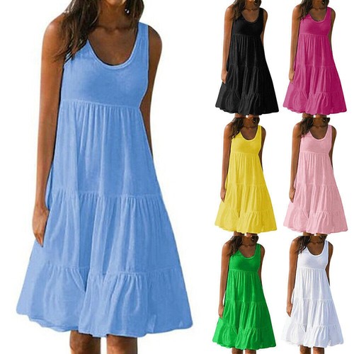 Damen Ärmellos Minikleid Sommerkleid A-Line Urlaub Freizeitkleid Strandkleid>| - Bild 2 von 19