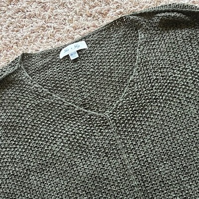She + Sky Olive Green Open Knit V-Neck Sweater Oversized One Size Short Sleeve