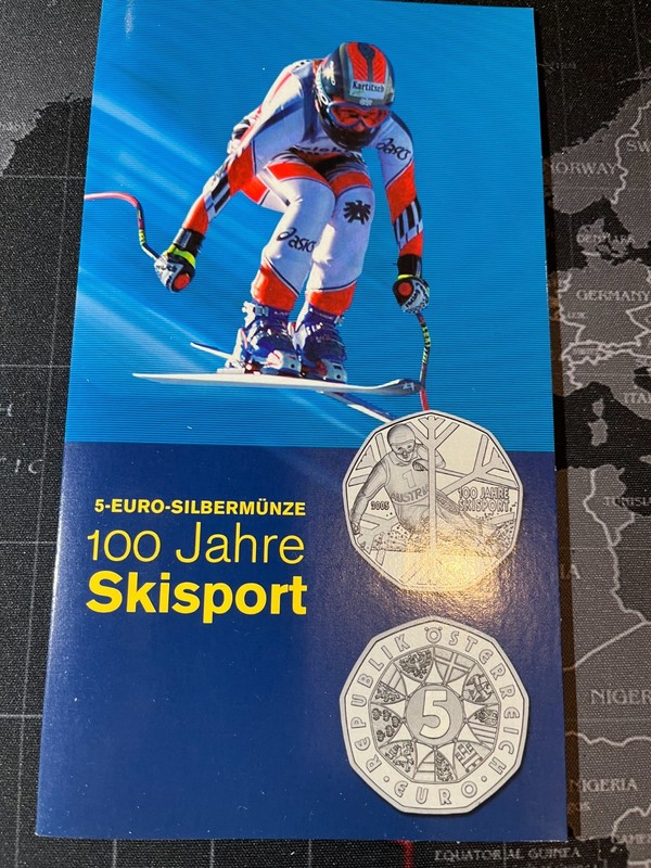 Austria 5 Euro 2005 Silver Coin  100 Jahre Skisport in Sealed Folder