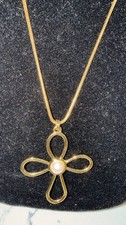 Image of Vintage ANNE KLEIN SIGNED Faux Pearl Cross Pendant Snake Chain Necklace 32"
