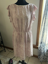 LOFT Polka Dot Sheath Dress Pink White Ruffle Flutter Sleeve Lined Zip 12