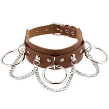 Leather Choker Brown Collar with Ring and Chain Genuine Leather Stainless Steel