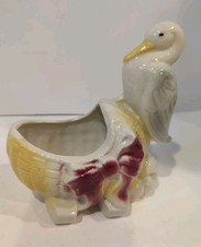 Vtg Ceramic Planter Stork on Bassinet