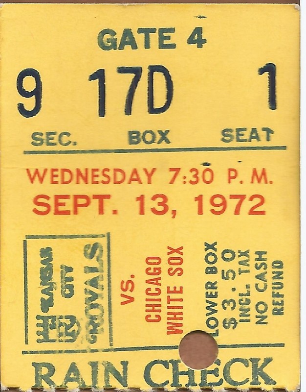 Amos Otis 500th Game 9/13/72 White Sox at Royals Ticket Stub