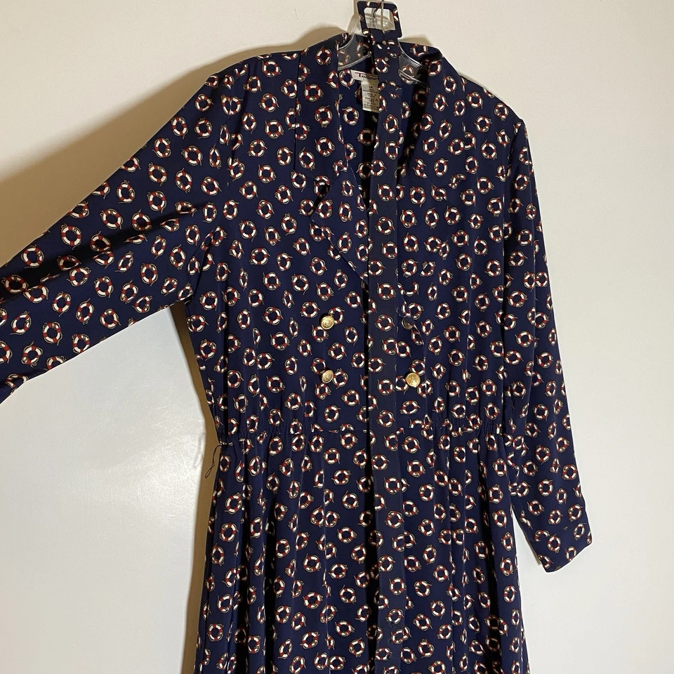 Vestido Talbots Vintage Para Mujer 14 Azul Balsa Salvavidas Náutica Botones Dorados Cuello Cinturón Foto 4 de 4