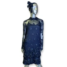 Vintage Judith Ann Dress Navy Blue Sequins Flower Beaded Flapper Womens Small 
