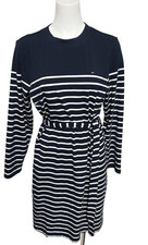 Tommy Hilfiger Long Sleeve Belted Stripe Knit Dress Blue White Cotton Blend L