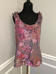 Ann-Taylor-Loft-Sz-M-Gray-Floral-Ruffle-Trim-Neck-Silk-Sleeveless-Blouse